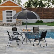 Juego de comedor de exterior de 6 piezas con sombrilla, mesa de patio y 4 sillas plegables con sombrilla, juego de muebles de jardín con sombrillas, mesa de comedor con tablero de vidrio templado. - Negro - Ver 7
