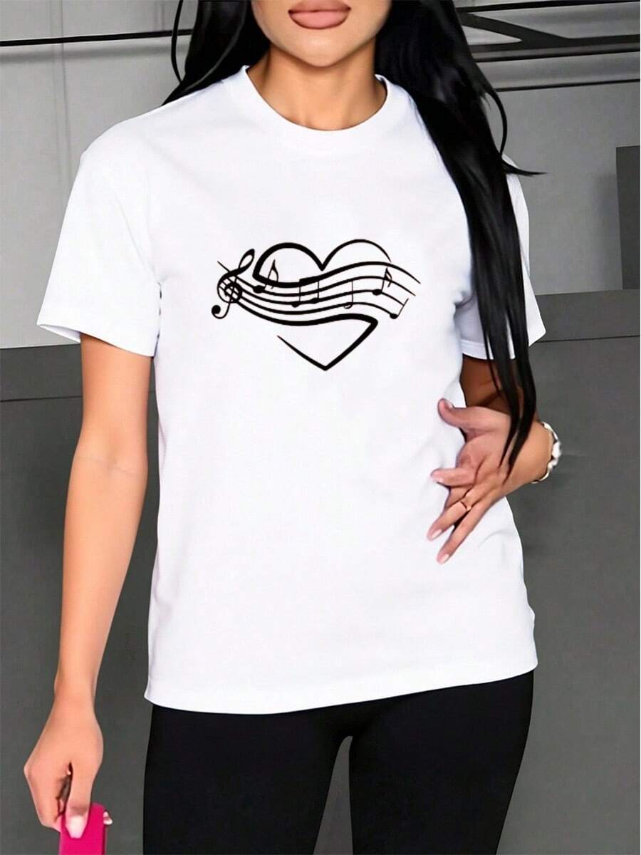 Camiseta casual de mujer con estampado de notas en forma de corazón Camiseta informal holgada para mujer con estampado de símbolos musicales y corazones sencillos Camisetas de Mujer - Blanco - Ver 1
