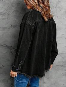 Vetinee Women's Oversized Button Up Frayed Hem Shacket Long Sleeve Pockets Denim Jean Jacket - 純黑色 - 查看 2