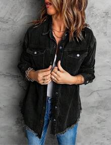 Vetinee Women's Oversized Button Up Frayed Hem Shacket Long Sleeve Pockets Denim Jean Jacket - 純黑色 - 查看 3
