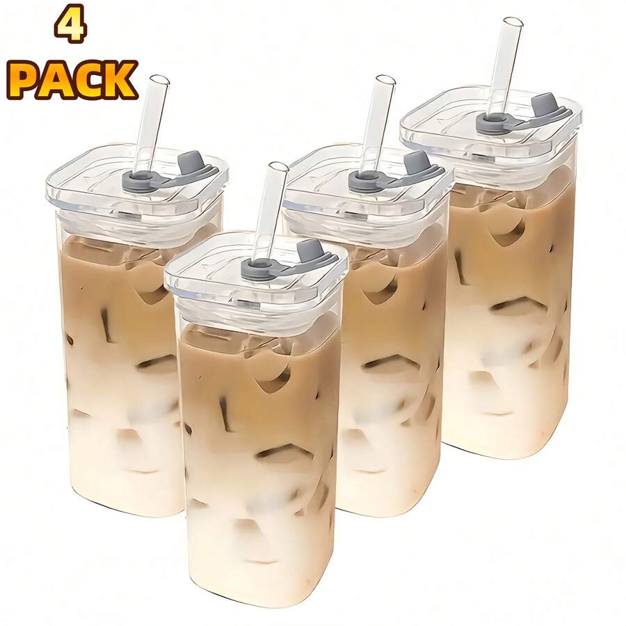 4-Piece Square Lidded Glass Cup With Straw And Straw Brush, Portable Drinking Cup, Iced Coffee Cup, Father's Day Cup, Perfect For Office, Party Supplies, Home, School, And Outdoor Use