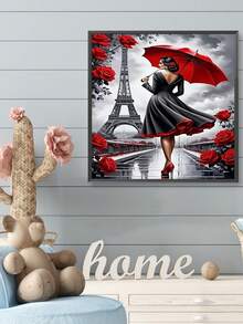 1 Set 5D Acrylic Diamond Painting Kit, Woman Under Umbrella With Eiffel Tower And Rose Flowers, Mosaic DIY Wall Art For Office, Bedroom, Living Room, Landscape Or Portrait Style Optional - Multicolor - View 6