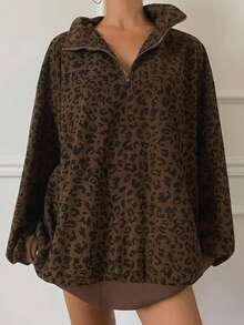 YI XUAN Sweatshirt Setengah Resleting Motif Leopard Ukuran Besar untuk Wanita, Sweatshirt Streetwear Longgar, Kasual Musim Gugur/Semi - Rust Brown - View 4