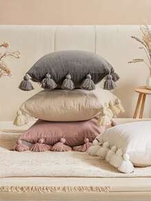 1个棕色可爱波西米亚风装饰抱枕套，带手工流苏，柔软天鹅绒纯色方形抱枕套，适合室内外使用，可水洗，家居装饰，沙发椅垫，婚礼生日派对用品，节日装饰，四季皆宜（不含枕芯） - 棕色 - 查看 6