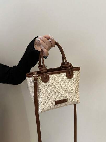 夏日假日海滩草编手提包、托特包和单肩包，别致的打结风格编织篮包