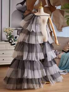 优雅黑白分层蛋糕裙可拆卸系带腰婚纱，百搭长裙秋装女士 - 黑色 - 查看 4