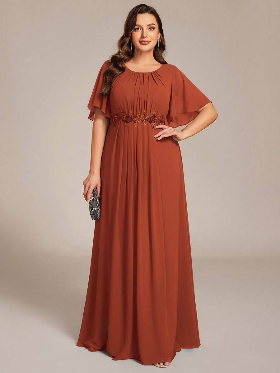 EVERPRETTY 大码短袖雪纺贴花长款伴娘礼服，适合婚礼、节日、派对等场合。女士正式礼服 - 亮橙色 - 查看 1