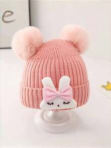 婴儿可爱卡通兔子针织帽，保暖护耳冬季帽，适合男婴和女婴 - 小兔子 - 查看 2