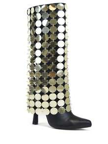 So Me Infernom Pointy Toe Mid Calf Boot Seequin Disco Boots Party  Plain    Contrast Mesh    Party  Party    Fall/ Winter - Vàng - Xem 3