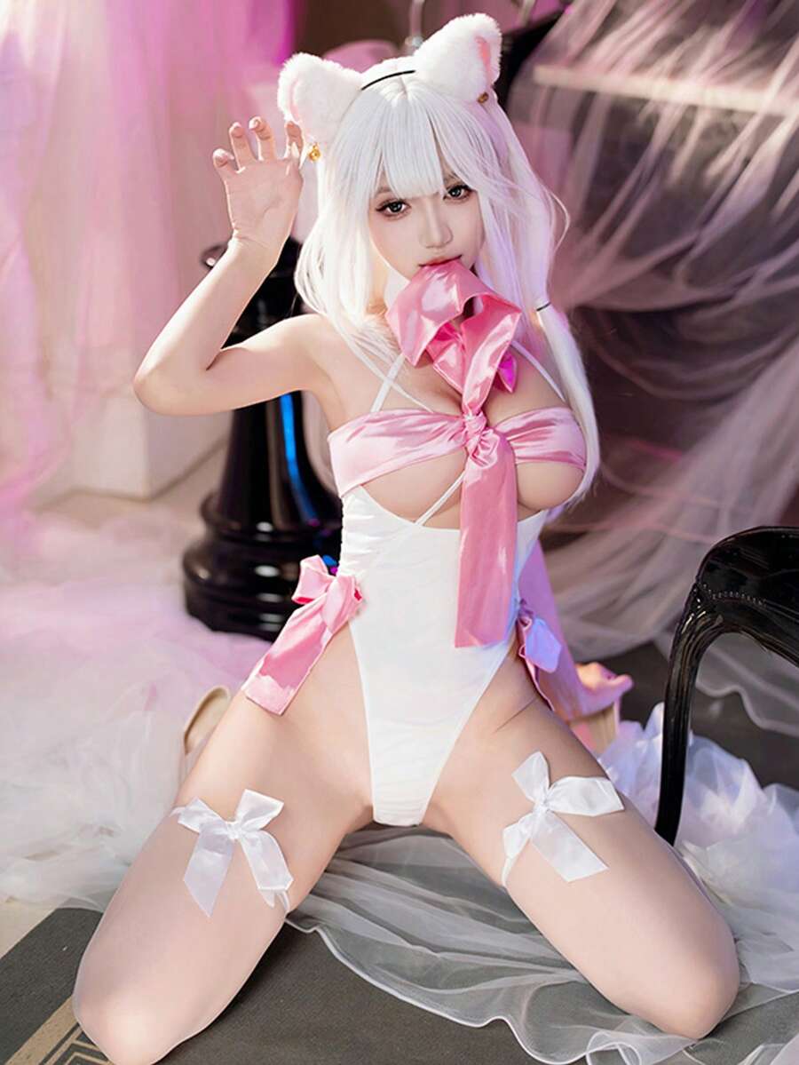Two-Dimensional Costume Cosplay, Ribbon-Like Leotard Suit, Cosplay Moe Cat Leotard, A Wide Variety Of Costume Ways, Sexy And Cute Dream Stage Costume, Private Party, Suitable For Weight 40 Kg-55 Kg - 白粉紅色(可開襠連身衣+緞帶) - 查看 1