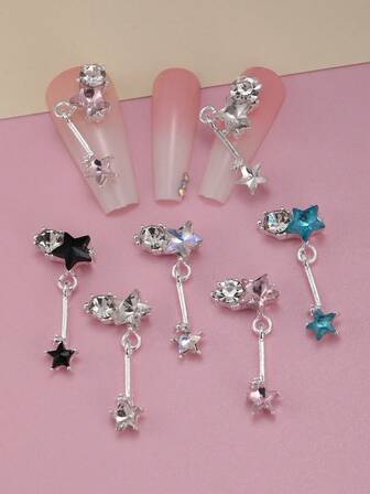 10 件钻石星形吊坠指甲饰品，新款五角星吊坠立体金属指甲材料，无香型美甲用品，长款指甲配件，适用于亚克力美甲，银色底色粉色白色蓝色黑色月光色多色可选指甲配件指甲宝石