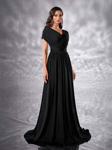 YISIKADO 女士连衣裙优雅缎面 V 领高腰长裙舞会派对女士礼服正式和晚礼服 - 黑色 - 查看 4