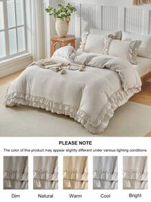 Juego de funda de edredón beige de 2/3 piezas, juego de ropa de cama estilo shabby chic de microfibra lavada suave y transpirable con volantes, funda de edredón linda para mujeres y niñas (1 edredón + 1/2 fundas de almohada)