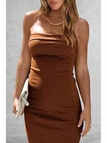 Women's Summer Bodycon Maxi Tube Dress Ribbed Strapless Side Slit Long Going Out Casual Elegant Party DressesHalloween Christmas New Year - 棕色 - 查看 3
