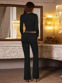 WOWDARK 女士夏季两件套，方领修身露脐上衣搭配休闲长裤，适合情人节、约会、旅行、度假等场合。 - 黑色 - 查看 8