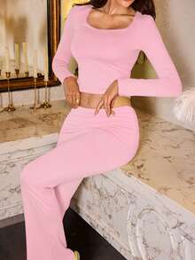 WOWDARK 女士夏季两件套，方领修身露脐上衣搭配休闲长裤，适合情人节、约会、旅行、度假等场合。 - 粉色 - 查看 6