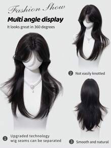1 Synthetic Heat-Resistant Wig, Black Long Straight Wig With Bangs, Made Of 24 Feet Long Fiber, Suitable For Daily Use, Natural Artificial Wig - Black - View 4