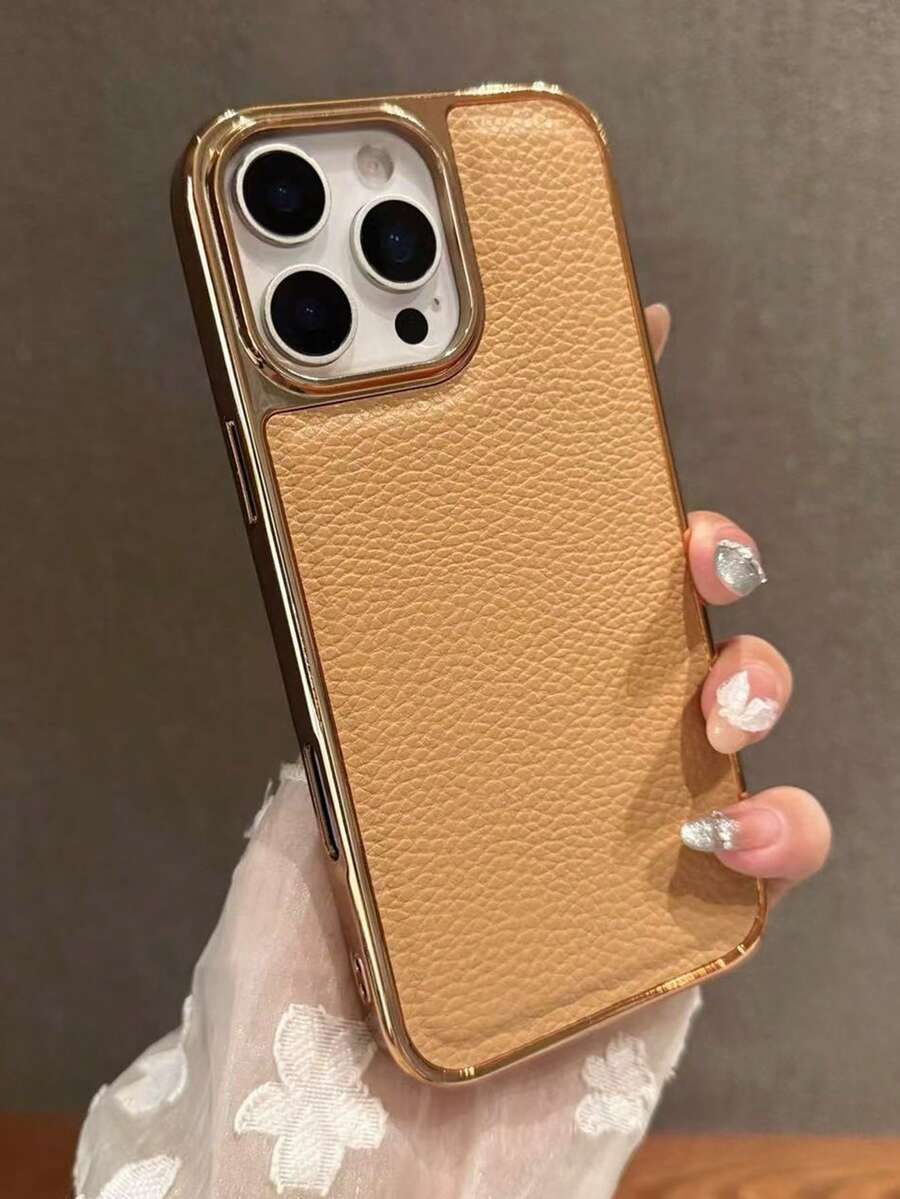 1 Ốp lưng điện thoại chống rơi bằng da vân vải lớn mạ điện màu cam Aimei thời trang mới, sang trọng, bảo vệ toàn diện, phù hợp cho iPhone 11/12/13/14/15/16/17 Pro/Max - Rượu sâm banh - Xem 1