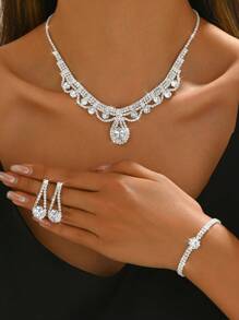 1pc Women's Necklace + 1 Pair Women's Earrings + 1pc Women's Bracelet 4-Piece Set, Big Crystal Necklace Jewelry Set, Suitable For Wedding, Daily Wear, Vacation, Photography, Halloween, Music Festival, Etc. - Silver - View 4