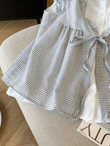 可爱荷叶边休闲女式上衣，系带前开襟二合一韩版盖袖 T 恤，返校季