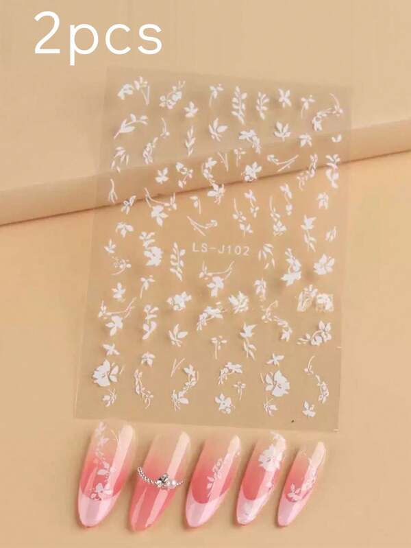 2 piezas Pegatinas de uñas con hojas blancas Decoraciones de arte de uñas 3D con flores pequeñas y lindas Calcomanías autoadhesivas Herramienta de manicura Tatuaje DIY Suministros