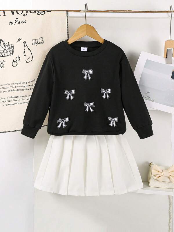 Conjunto de 2 peças de moletom borboleta de manga comprida + saia plissada para meninas