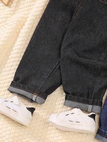 2 件套幼儿男童休闲蓝黑色牛仔背带裤，春秋装，含胸带衬衫和工装裤 - 彩色 - 查看 5