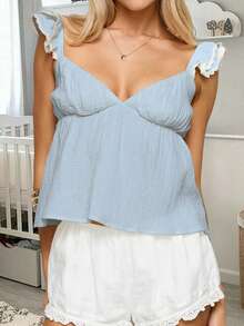 Tank Tops For Women Summer Fashionable Solid Color Backless Flying Sleeve Deep V Neck Loose Shirt - Blue - View 5