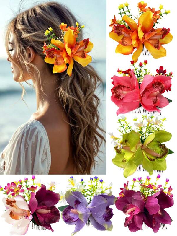 1 pieza Nuevo peine de mujer estilo bohemio de tela sintética con flor de orquídea y margarita, planta verde alargada, adecuado para playa, sesión de fotos, novia, dama de honor, accesorio para peinado recogido