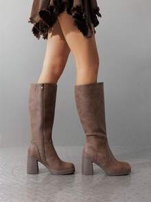 Women's Chunky Block Heeled Knee High Boots Platform Square Toe  Fashionable Solid Color Gogo Boots With Side Zipper - màu nâu - Xem 4