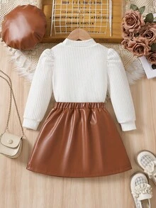 女童长袖罗纹高领毛衣 + PU 皮革迷你裙 + 帽子三件套，适合休闲外出、节日、派对、秋季/春季 - 白色 - 查看 3