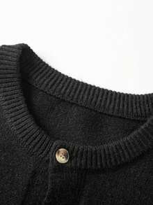 Men's Casual Minimalist Non-Deformable Fashion Loose Solid Color Ribbed Cuff & Hem Design Soft Comfortable Warm Crew Neck Cardigan Jacket, Autumn - Black - View 3