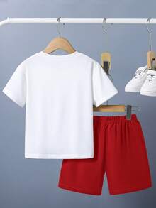 Áo thun tay ngắn in họa tiết hoạt hình và quần short cho bé trai mùa hè - Đỏ - Xem 6