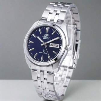 Orient 商务男士不锈钢蓝色表盘模拟自动腕表，带日期/星期日历 SEM78002DB 时尚配饰，适合日常生活商务服装装饰，是送给男朋友、丈夫、父亲的理想生日礼物