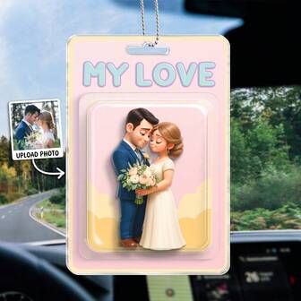 Catygift Suport acrilic personalizat pentru mașină cu desene animate pentru proaspăt căsătoriți, cadou de nuntă personalizabil, cadou de Crăciun pentru cupluri, accesoriu de mașină de Crăciun cu tematică de nuntă, cu încărcare de fotografii