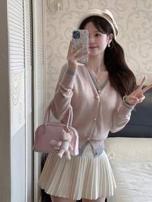 Korean Style Sweet & Cute Girl Slouchy Splice V-Neck Contrast Color Long Sleeve Sweater Cardigan, Spring/Autumn - Pink Gray - View 1