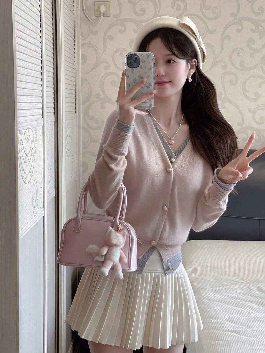 Korean Style Sweet & Cute Girl Slouchy Splice V-Neck Contrast Color Long Sleeve Sweater Cardigan, Spring/Autumn - Pink Gray - View 1