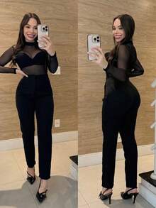 WOMEN'S TAILORED PANTS, HIGH WAIST WITH ZIPPER ON THE SIDE, ELEGANT, SOCIAL, LUXURY FASHION, BLOGGER A TOUCH OF FASHION - màu đen - Xem 1