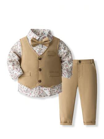 4件套男童绅士派对套装，包括印花长袖衬衫、马甲、裤子、领结，时尚正式西装套装