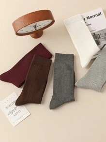 1/5/6 Pairs Women Socks, Encore Solid Color Ribbed Mid-Calf Socks, Simple & Versatile For Outdoor Casual Wear, Indoor Black & White Ladies Socks, Autumn/Winter