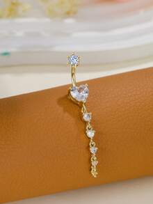 1 件时尚性感经典魅力方晶锆石心形肚脐穿孔身体首饰，日常佩戴礼物 - 金黃色 - 查看 2