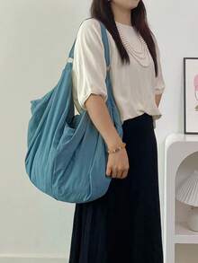 大容量纯色图案单肩包，回归学校简约风格女士斜挎包，尼龙面料包，休闲实用多用途手提包，适合工作、学习、旅行 - 水鴨藍 - 查看 2