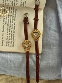 A Brand New French Vintage-Style Engraved Heart-Shaped Gold Dial Women's Watch, Set With Rhinestones, Is Stylish And Simple, Exuding Luxurious Elegance. Exquisitely Small And Waterproof, This Classic Quartz Timepiece Features A Delicate Mother-Of-Pearl Dial And Arabic Numeral Markers, Suitable For Everyday Wear, Evening Events, And Various Other Occasions. It Also Makes A Great Wrist Accessory, Holiday Gift, Or Birthday Present. - one-size - View 1