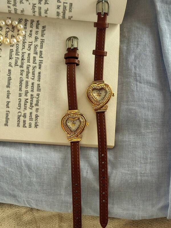 A Brand New French Vintage-Style Engraved Heart-Shaped Gold Dial Women's Watch, Set With Rhinestones, Is Stylish And Simple, Exuding Luxurious Elegance. Exquisitely Small And Waterproof, This Classic Quartz Timepiece Features A Delicate Mother-Of-Pearl Dial And Arabic Numeral Markers, Suitable For Everyday Wear, Evening Events, And Various Other Occasions. It Also Makes A Great Wrist Accessory, Holiday Gift, Or Birthday Present.