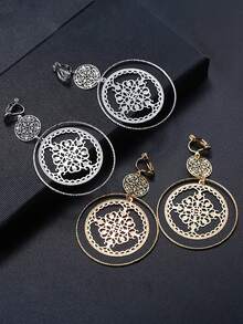 2pcs Hollowed Dsic Textured Round Clip On Earrings No Piercing Gold Color Big Circle Hoop Ear Clips For Women Girl Party Gift Jewelry - Clip - View 3