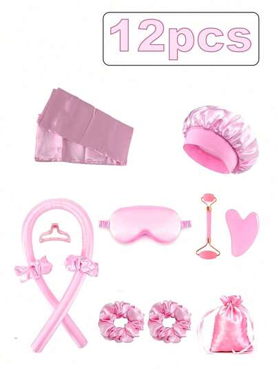 12-delars set med sömnstylingverktyg, locktång och ansiktsmassageapparat, 1 set med örngott i satin för hår och hud, värmefria locktänger i satin, locktänger för natten, 1 set med mjuk ögonmask för sömn, ansiktsrulle för kvinnor, hudvårdsverktyg för ansiktet