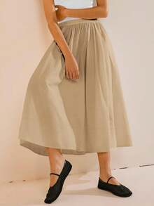 Womens A-Line Midi Skirt Elastic High Waist Pleated Flowy Swing Casual Long Skirt With Pocket - 卡其色 - 查看 4