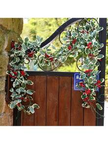 Guirnalda de bayas rojas sin necesidad de electricidad - Hojas de acebo artificial clásicas con bayas, decoración de mesa y pared, decoración navideña festiva sin plumas