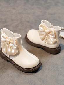 Kids' Leather Ankle Boots - Black, White, Bow & Faux Pearl "Back To School Season""Black Leather Shoes""School Shoes""Young Girls' Shoes""Girls' Shoes"