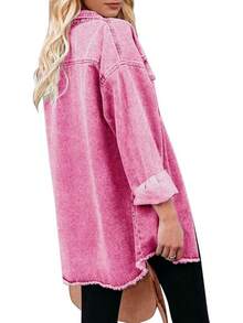 Vetinee Women's Oversized Button Up Frayed Hem Shacket Long Sleeve Pockets Denim Jean Jacket - Magenta Pink - 查看 2